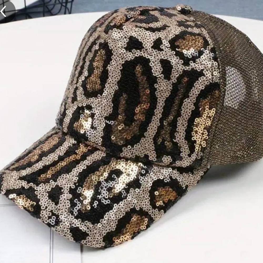 Sequin Leopard Print Adjustable Cap NWT